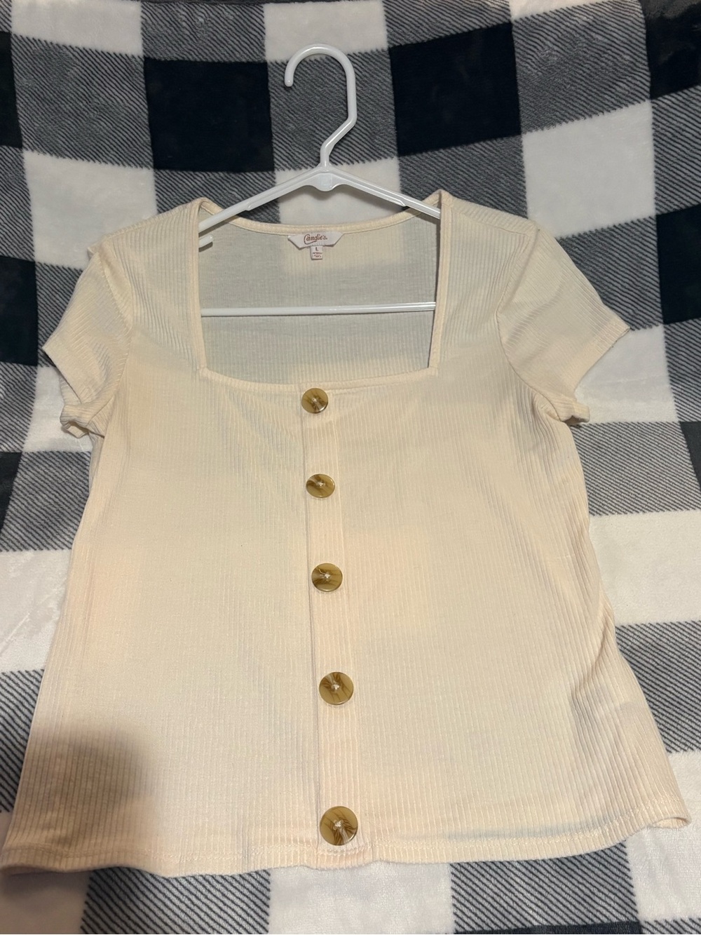 Candie's Cream Short-Sleeve Square-Neck Ribbed Button Tee
